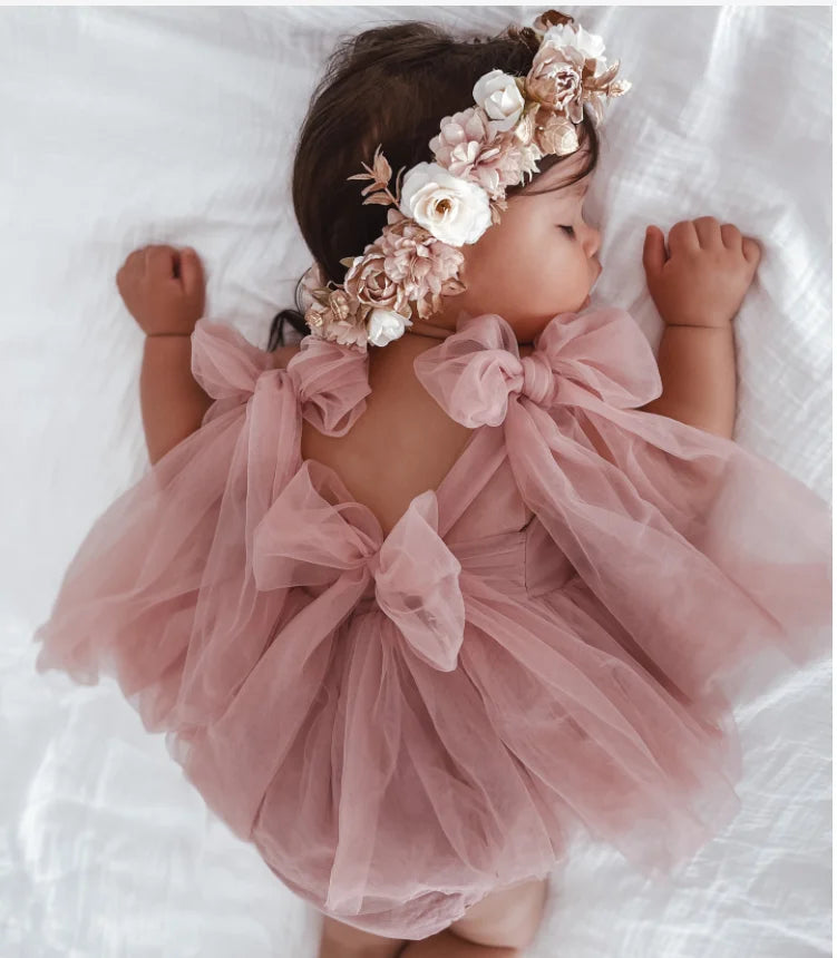 2026 Summer Baby Clothes 100 Day Baptism Birthday Party Sleeveless Jumpsuit Mesh Bow Romper Girl Princess Dress
