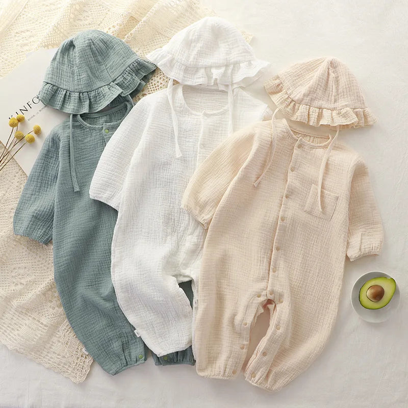 Baby Boys Girls Clothes Newborn Jumpsuit + Hats Infant Muslin Cotton Long Sleeve Romper 0-24 Month