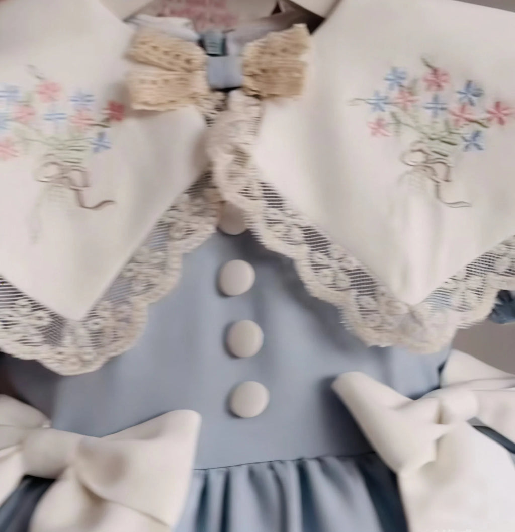 0-12Y Baby Girl Summer Light Blue Embroidery Vintage Princess Dress for Birthday Photography Holiday Eid B522