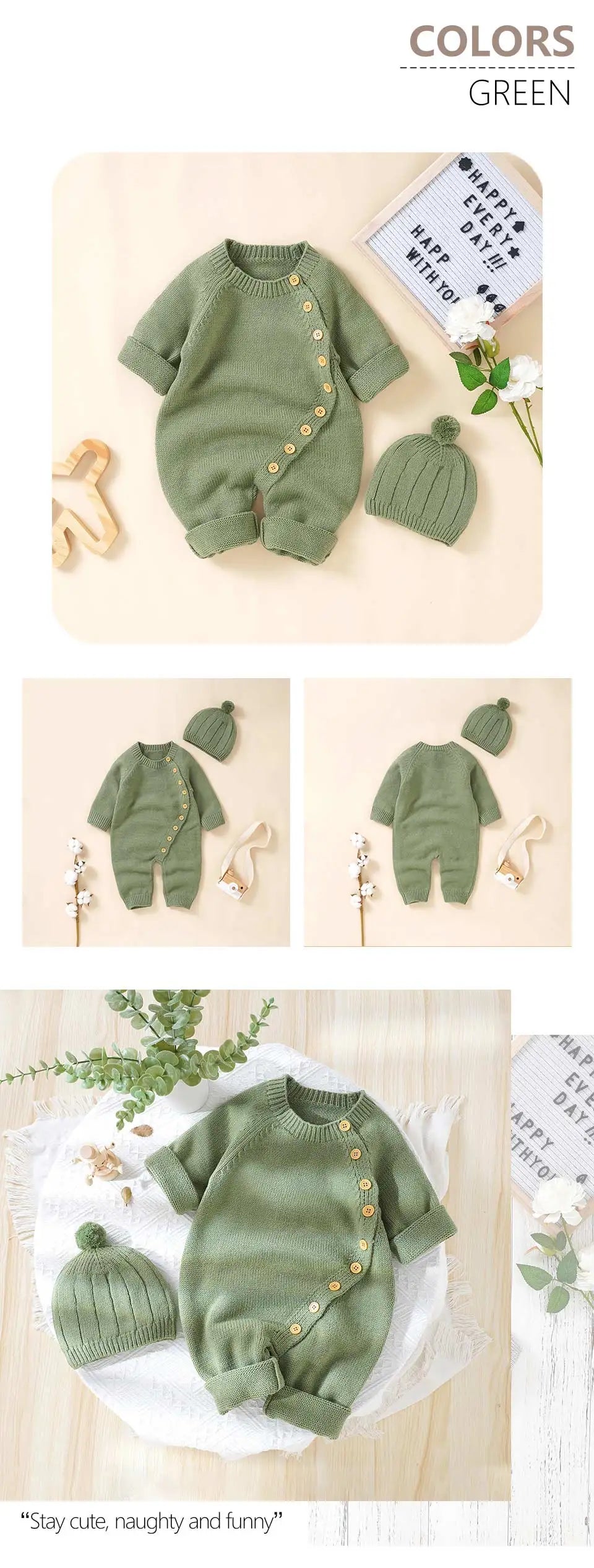 Baby Rompers Clothes Spring Autumn Solid Full Sleeve Knitted Newborn Infant Boys Girls Jumpsuits Hats Outfits Sets 0-18m Costume