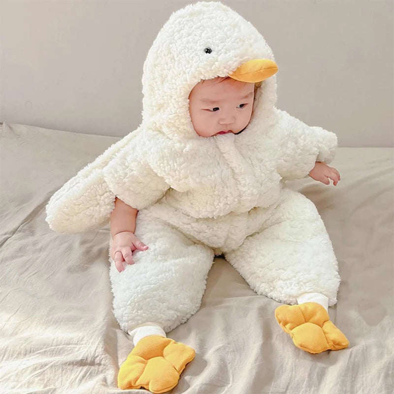 Cartoon Baby Clothes Boy Rompers Long Sleeve Fleece Hooded Baby Girl Romper Winter Warm Newborn Jumpsuit Clothes 0-7 Months