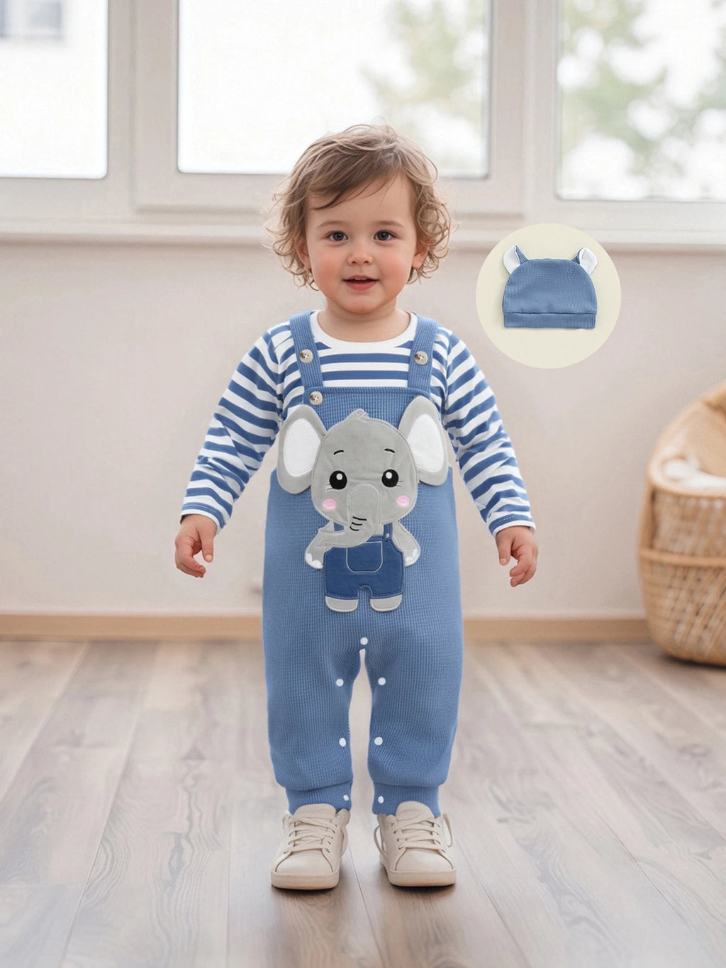 Cute Infant Newborn Baby Boys 3Pcs Outfit Cute Baby Clothes Long Sleeve Striped Romper Animal Embroidery Overalls Hat Clothes