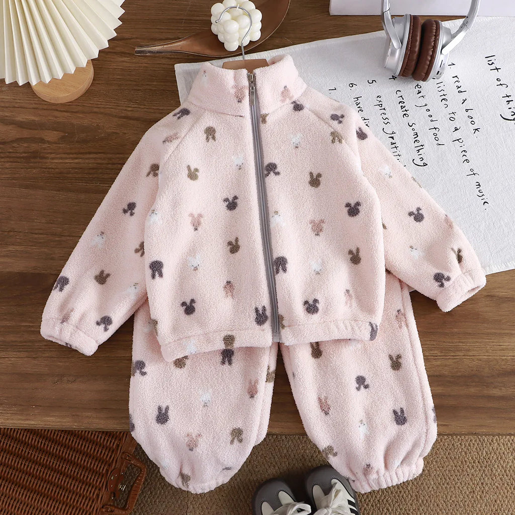 0-4 Years Old Toddler Suit Winter Flannel Home Outdoor Suit Children Pajamas Boy Girl Cartoon Thick Coral Velvet Two-Piece Set