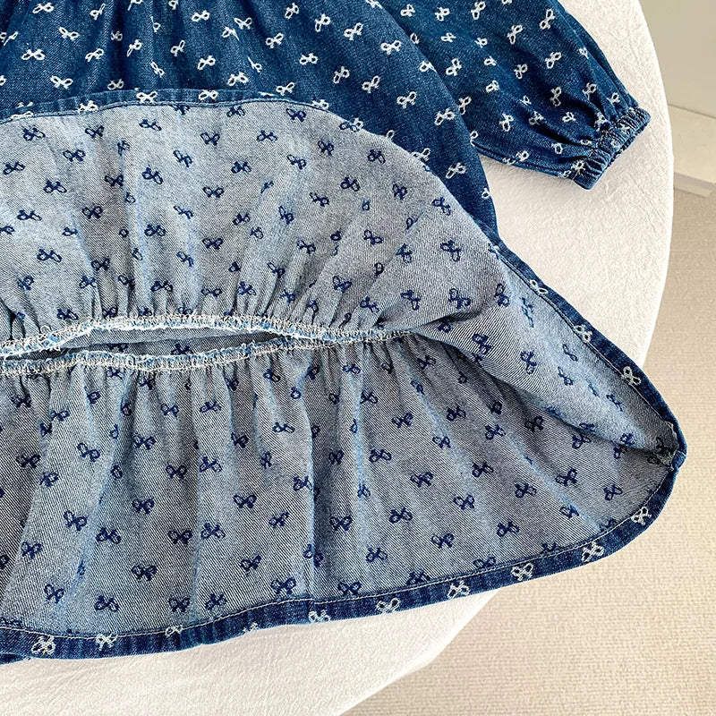 Toddler Sister Denim Bow Print 2-6Yrs Dress & 0-24M Baby Romper Ruffle Lace Collar Long Sleeve Infant Girls Sibling Clothes