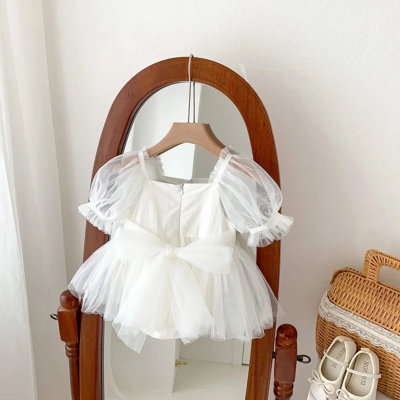 2026 Summer Baby Clothes 100 Day Baptism Birthday Party Sleeveless Jumpsuit Mesh Bow Romper Girl Princess Dress