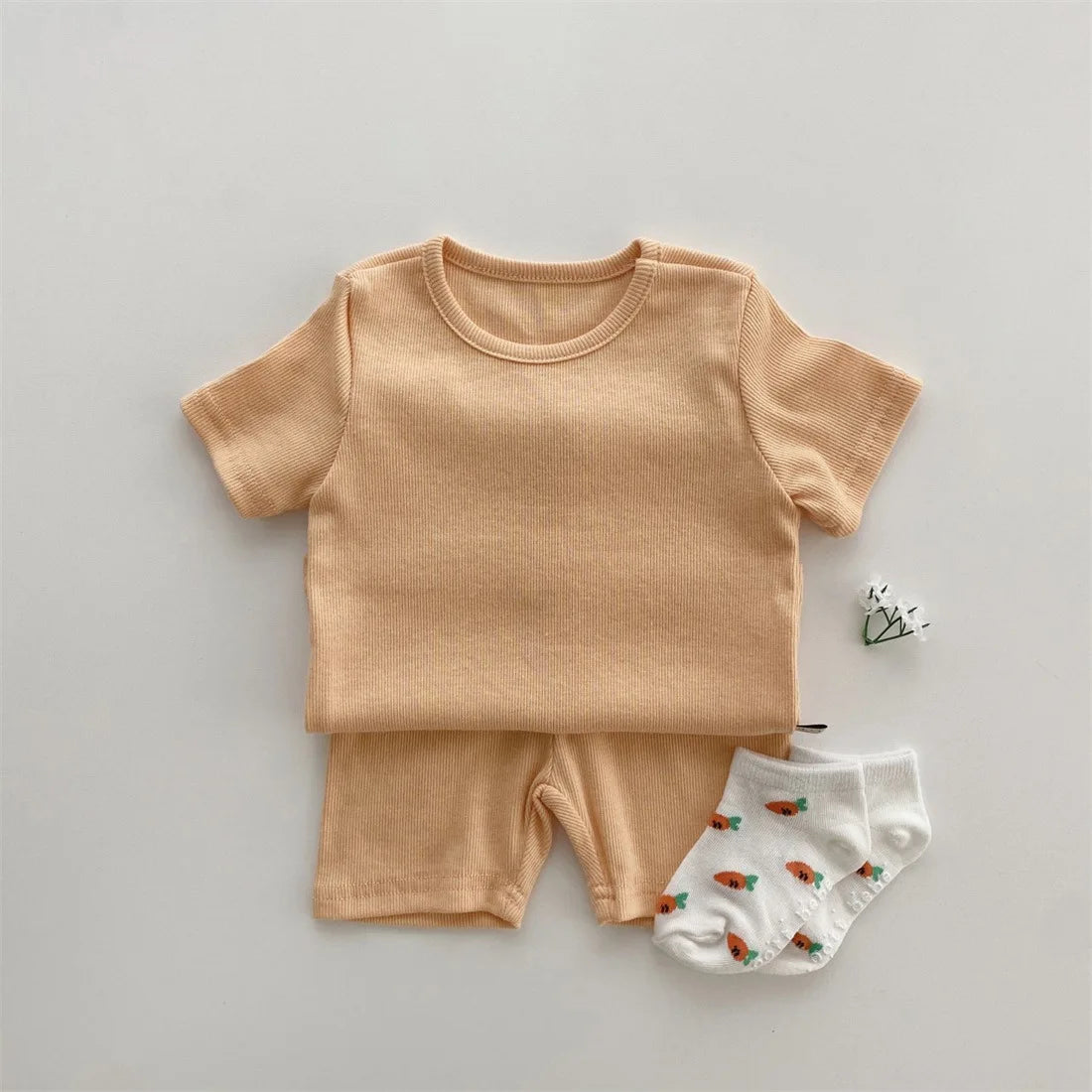 Baby Cotton Ribbed Clothes Set Short Sleeve Tops + Shorts 2pcs Suit Candy Color Baby Girl T Shirts Solid Boys Shorts Outfits