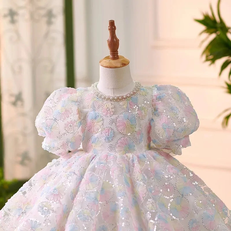 Baby Dress for One Year Old 2024 New Sweet Puff Sleeve Tulle Tutu Skirt Little Girl's 100-Day Birthday Party Dress