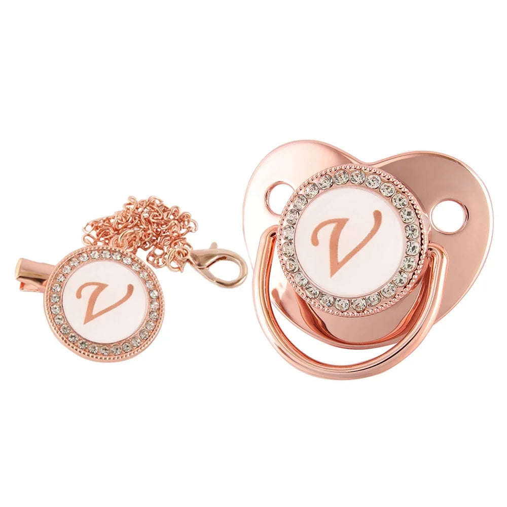 26 Letters Baby Pacifier Clip Rose Gold Bling Pacifiers Holder Silicone Soother Nipple Dummy Baby Shower Gifts