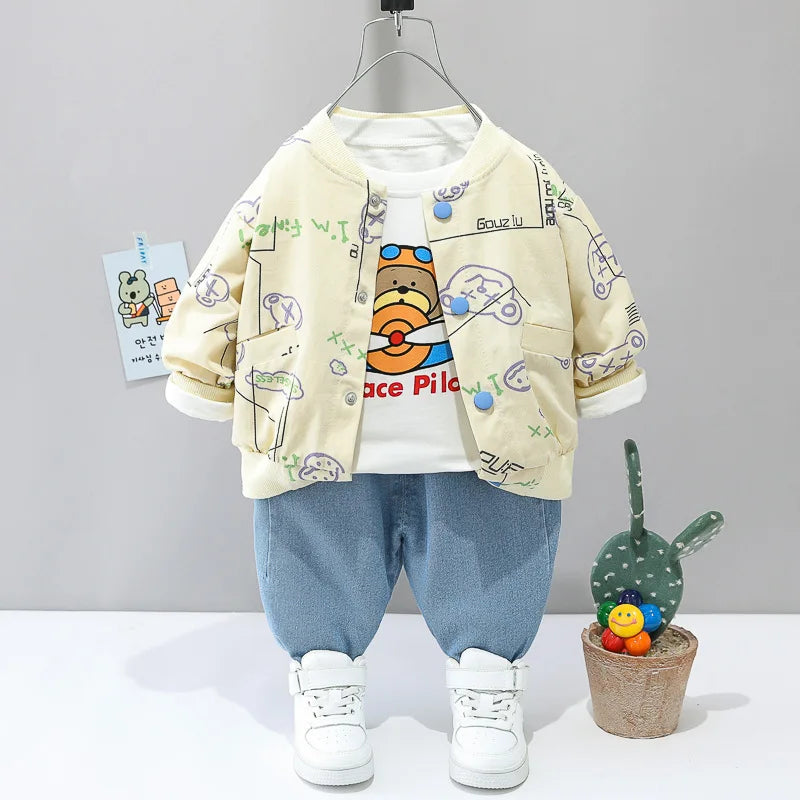 0-4 years old autumn new fashion cute car baby suit boys and girls long-sleeved striped three-piece children's sports suit