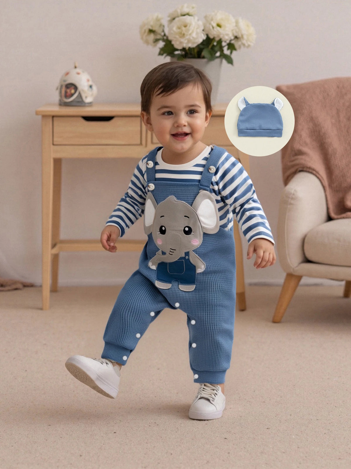 Cute Infant Newborn Baby Boys 3Pcs Outfit Cute Baby Clothes Long Sleeve Striped Romper Animal Embroidery Overalls Hat Clothes