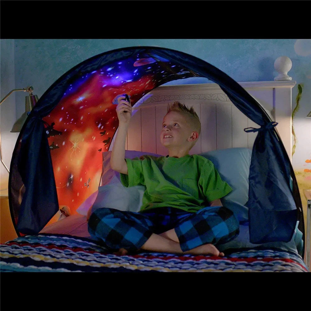 Kids Dream Tents with Light Baby Pop Up Bed Tent Cartoon Snowy Foldable Playhouse Comforting At Night Sleeping Outdoor Camp