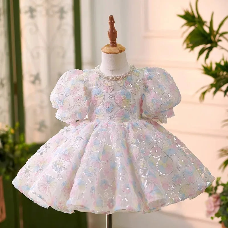 Baby Dress for One Year Old 2024 New Sweet Puff Sleeve Tulle Tutu Skirt Little Girl's 100-Day Birthday Party Dress