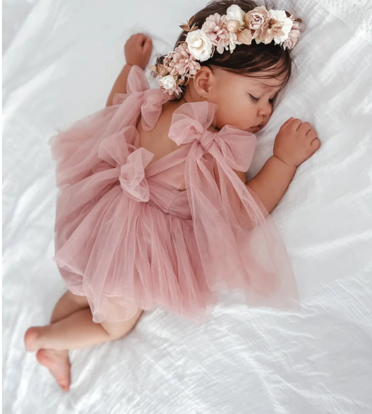 2026 Summer Baby Clothes 100 Day Baptism Birthday Party Sleeveless Jumpsuit Mesh Bow Romper Girl Princess Dress