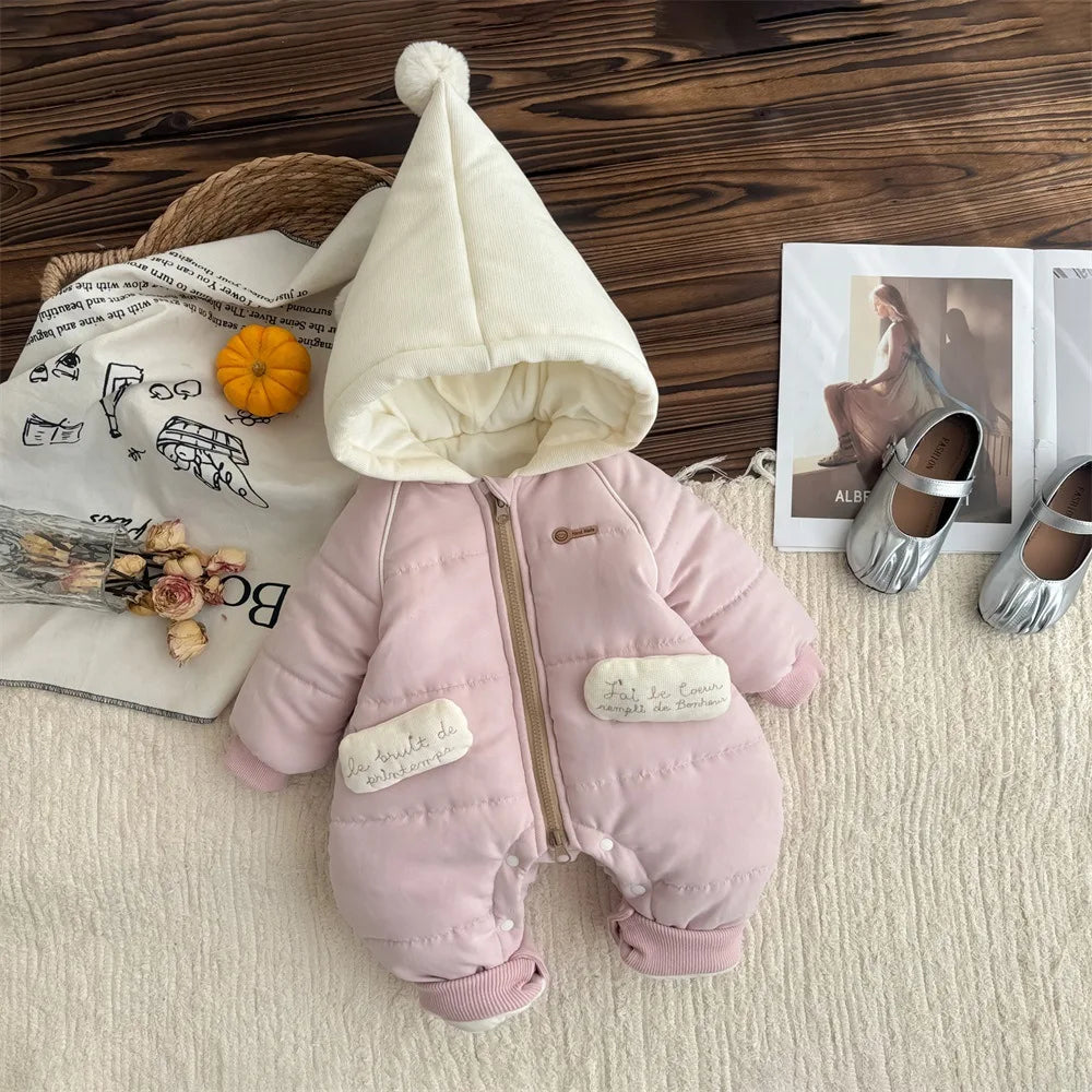Baby winter clothes with cotton jumpsuit, sweet and cute, 0-2 year old female baby with plush and thick climbing clothes