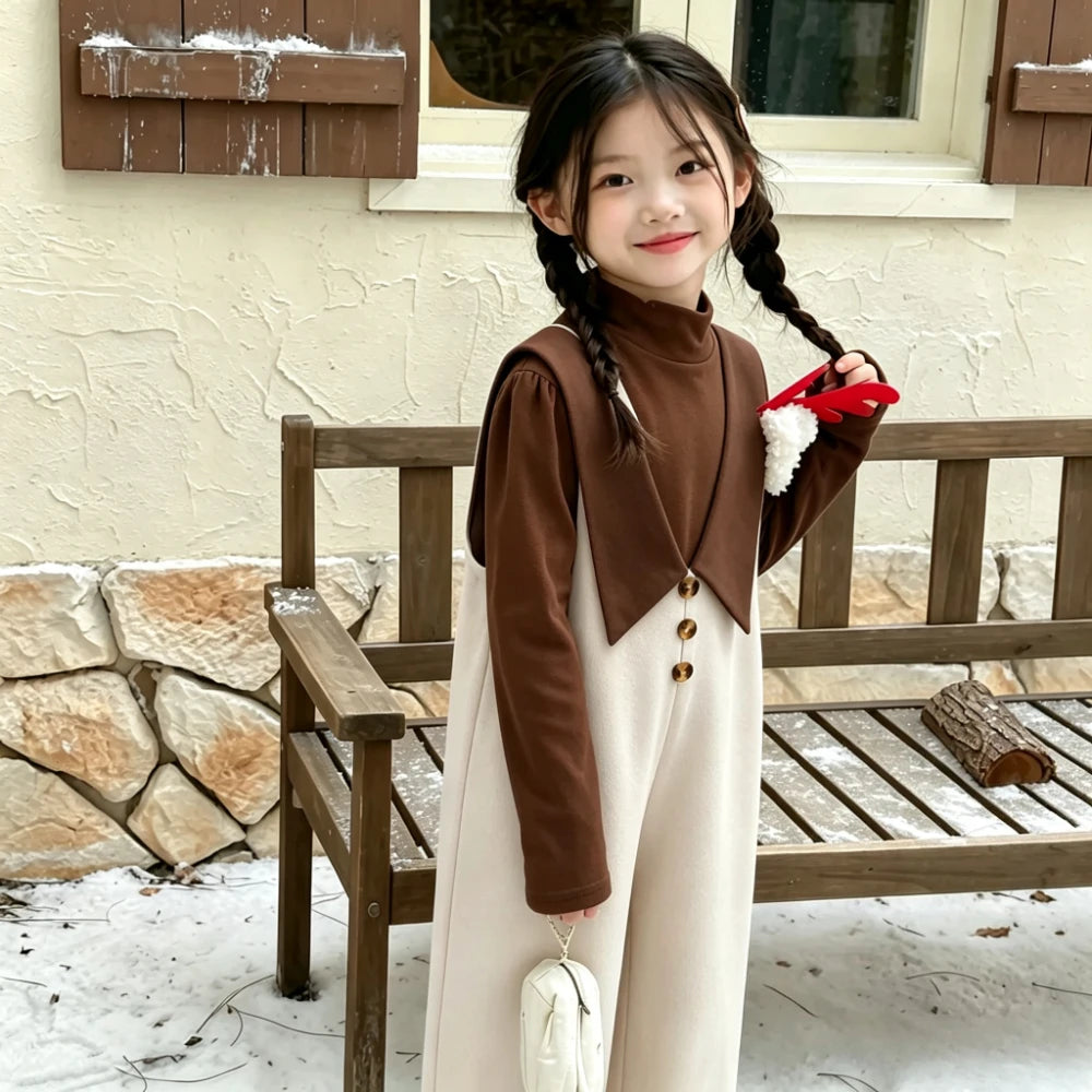9 Months To 7 Year Old Cute Baby Girl Clothes Autumn Korean Version Coffee Color Half Collar Top + Beige Jumpsuit Two-piece Set