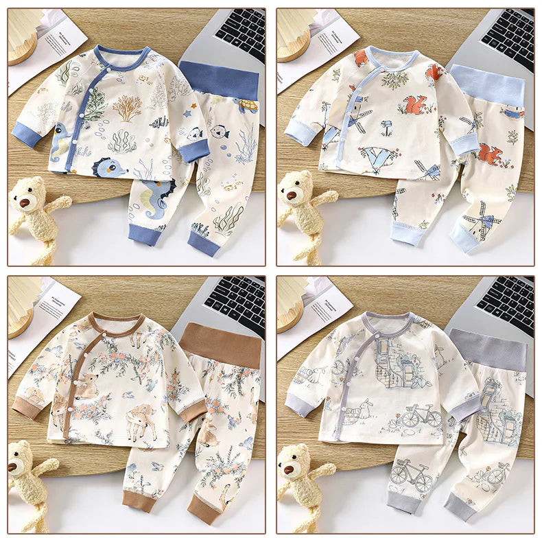 Newborn Boys Girls Pure Cotton Warm Pajamas Cute Cartoon Print Long Sleeve Pyjamas Toddler Baby Autumn Sleepwear Clothing Sets