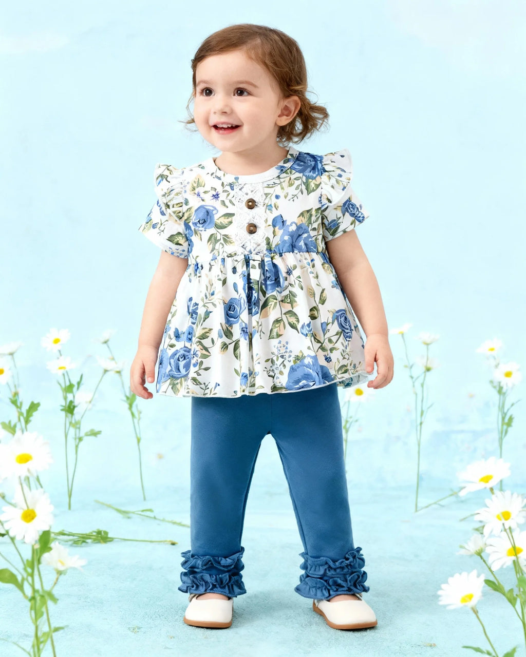 Top Rated Trending Baby Girl (0-4Y) Floral Print Ruffle Top & Lace Trim Pants 2pc Set: Soft Breathable Cotton, Skin-Friendly