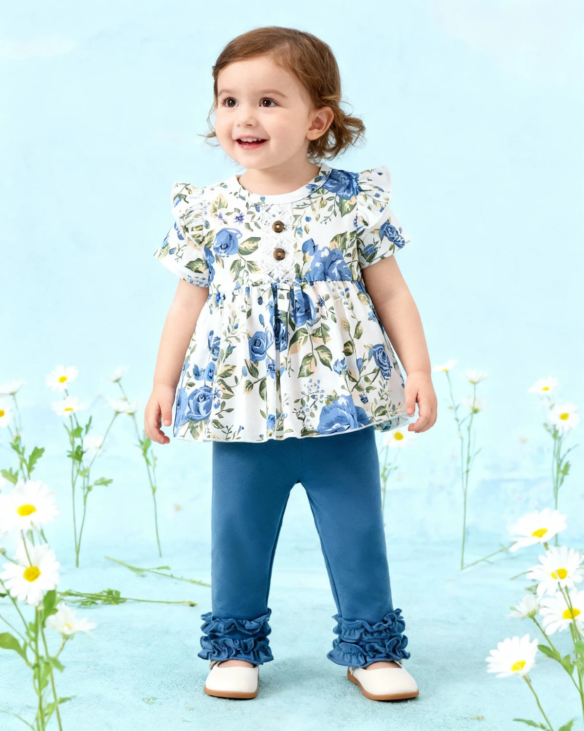 Top Rated Trending Baby Girl (0-4Y) Floral Print Ruffle Top & Lace Trim Pants 2pc Set: Soft Breathable Cotton, Skin-Friendly