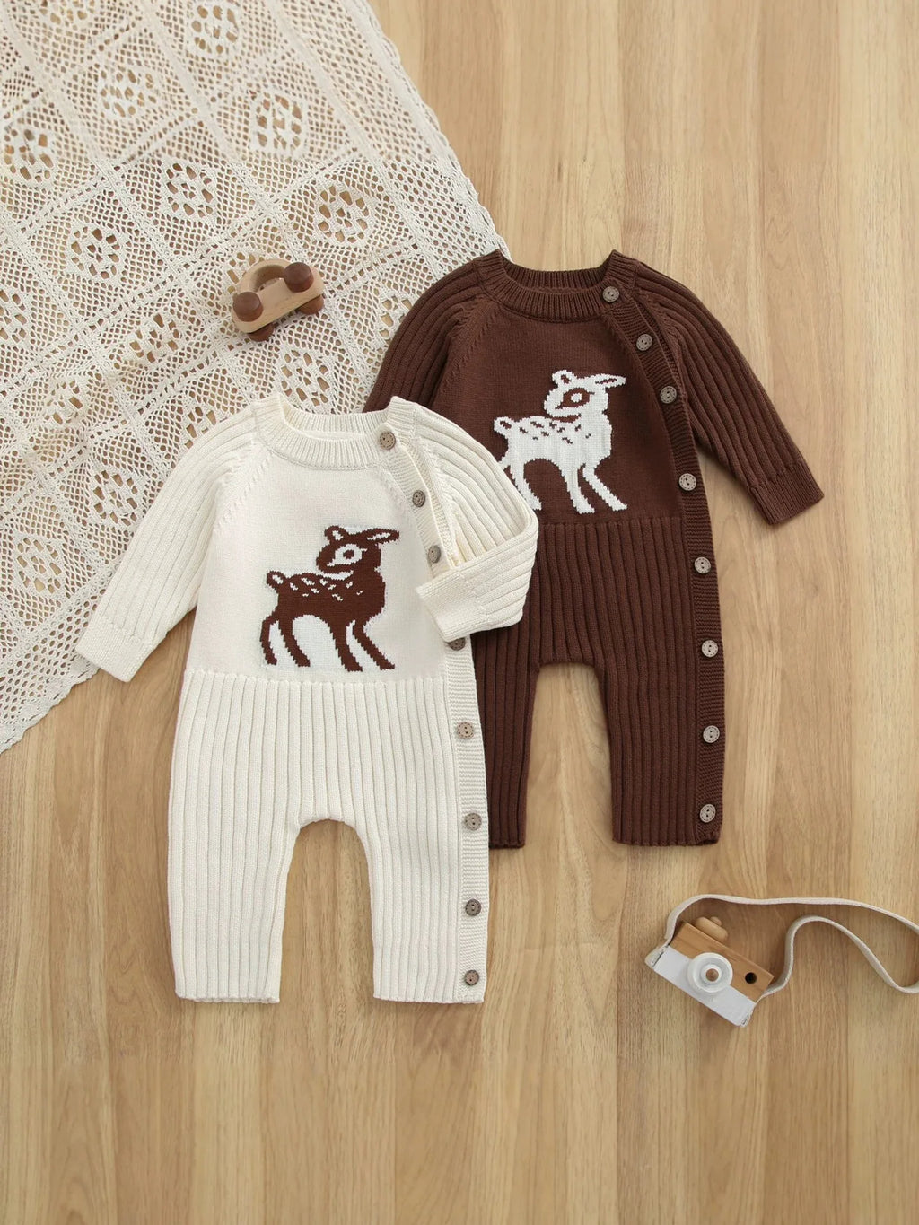 2026 Autumn Baby Clothes Cute Deer Print Infant Girls Knit Rompers Full Snap Button Infant Sweater Jumpsuit