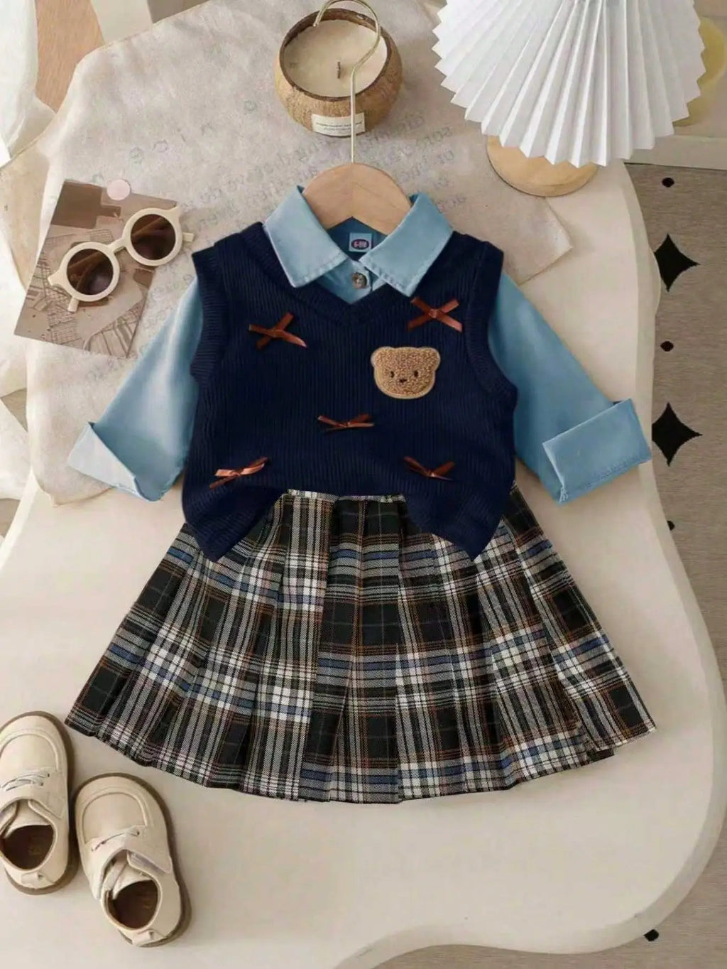 Baby Girls Clothing Sets Cute Style Knit Vest + Shirt + Plaid Pleated Skirt 3pcs Baby Suits 6 9 12 18 24 36 Months Kids Clothes