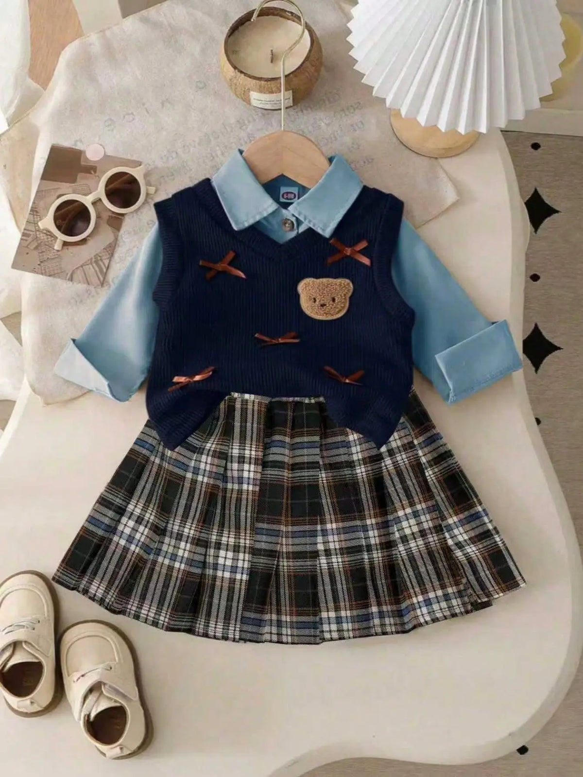 Baby Girls Clothing Sets Cute Style Knit Vest + Shirt + Plaid Pleated Skirt 3pcs Baby Suits 6 9 12 18 24 36 Months Kids Clothes