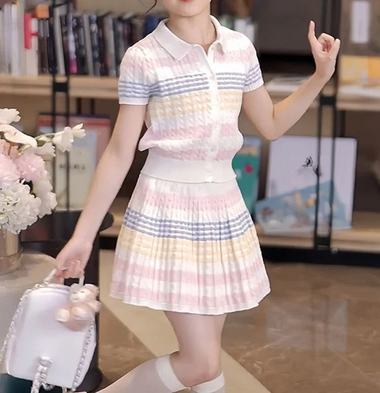 2026 new summer child set teenager Girls Cloth striped tracksuit T shirt top + bottom pleated Skirt suit 4 8 9 10 12 Year tennis
