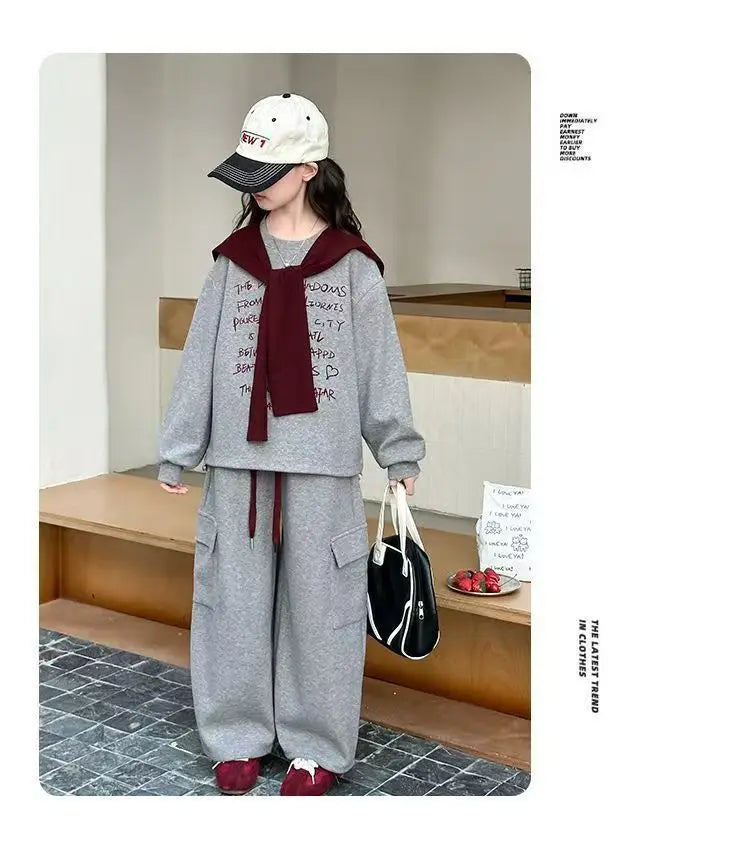 2026 autumn spring teenager kids girl Children set Clothes loose sweatshirt Hooded t shirt+ pocket wide leg pant 4 10 12 14 Year