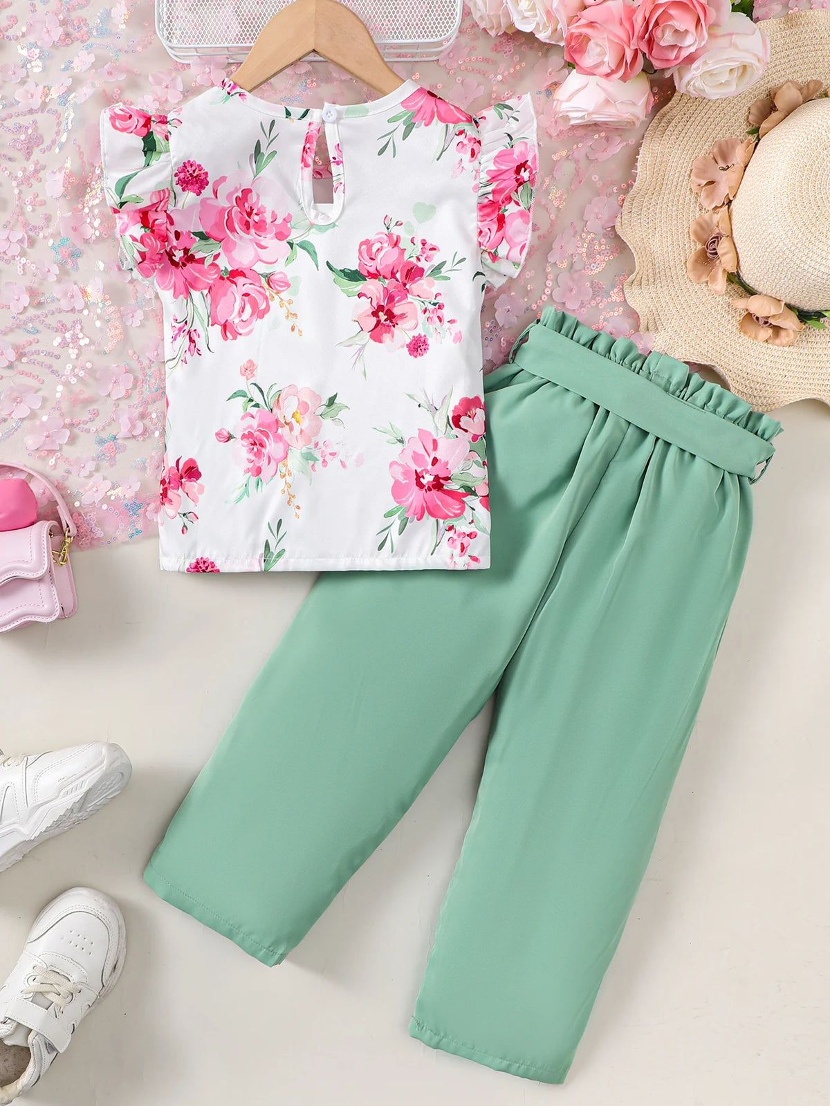 Winter  4-7 Years  Old  Cool  Girls  Sleeveless  Floral  Print  Top  And   Pants  Casual  2-Piece Set