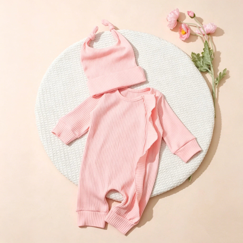 Newborn Photography Clothes Ribbed Romper Bunny Ear Hat Set Infant Zipper Closure Long Sleeve Baby Jumpsuit Coming Home OutfitHD