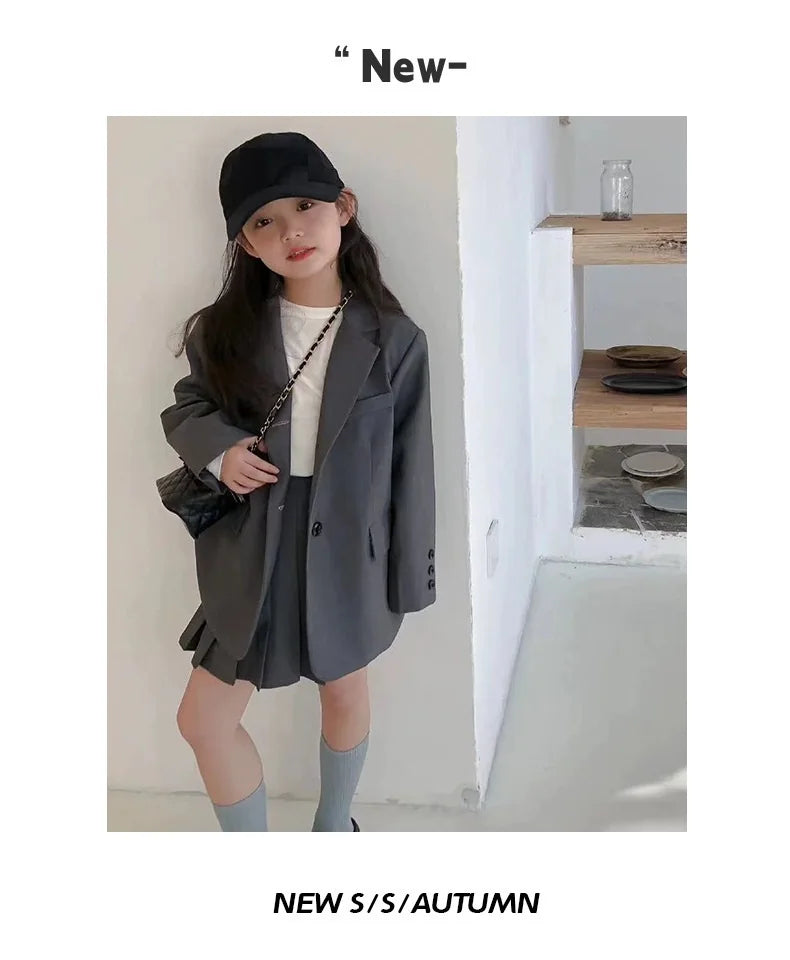 2026 Spring Winter Girls Kids 2 Piece Child Outfits Teenager Suit Set Slim Blazer Jacket Top + Mini Pleated Skirt 4 5 10 12 Year