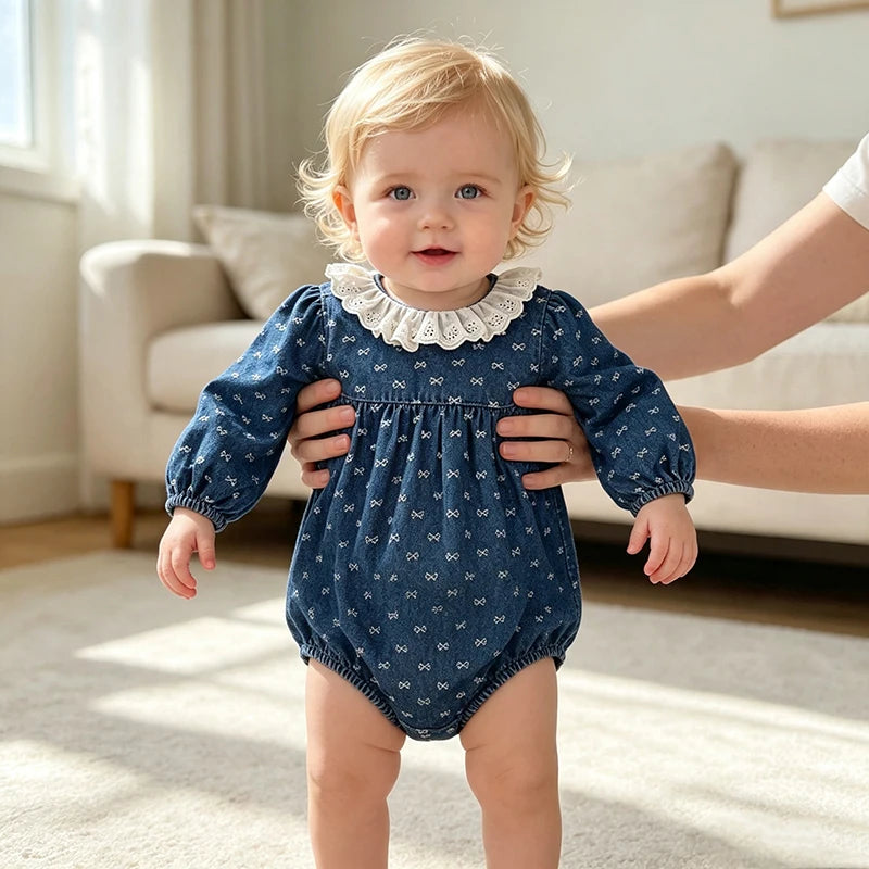 Toddler Sister Denim Bow Print 2-6Yrs Dress & 0-24M Baby Romper Ruffle Lace Collar Long Sleeve Infant Girls Sibling Clothes