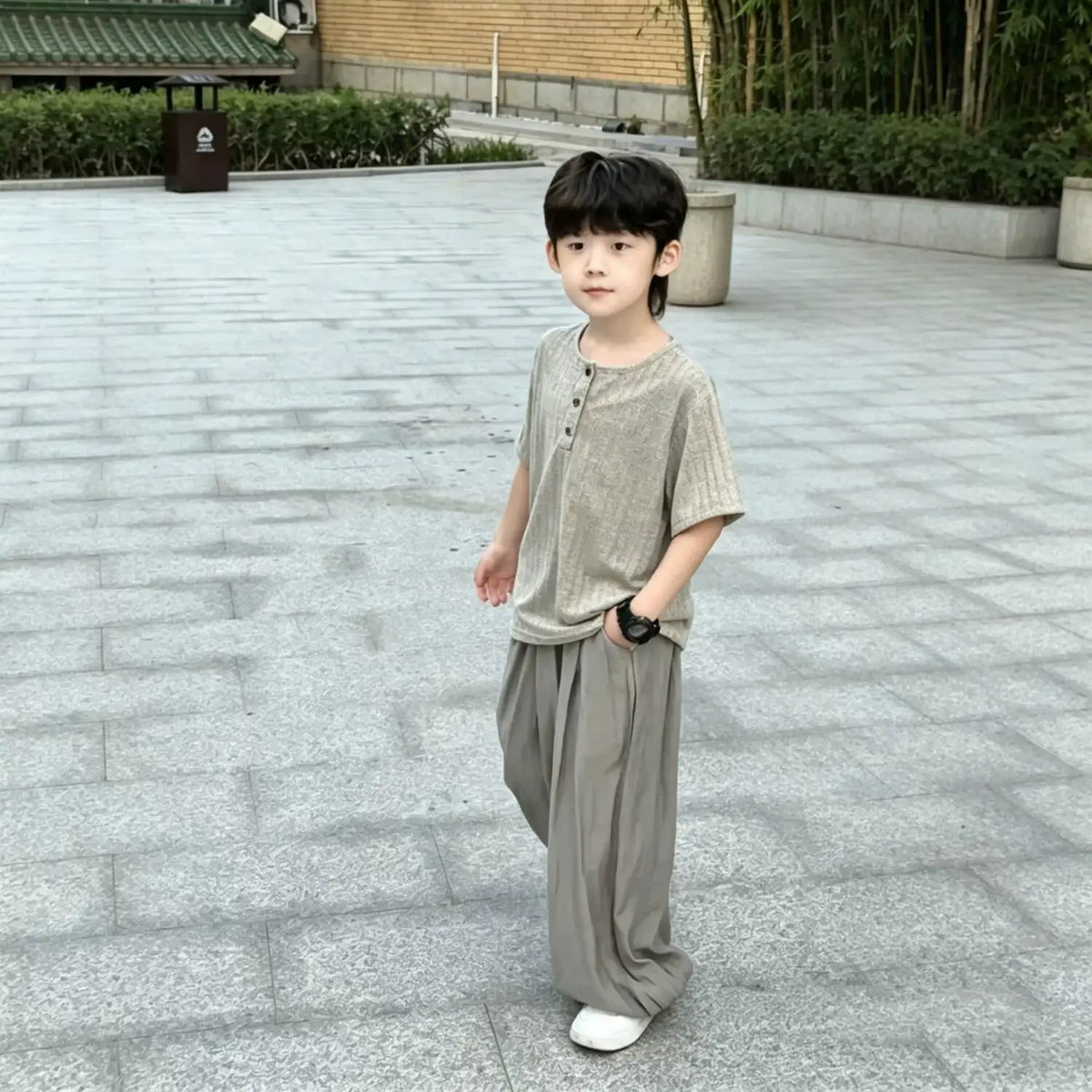 2026 summer Kids Children set boy Clothes loose short top T-Shirt thin + wide leg Pant trousers Teenager outfit 4 8 10 12 year