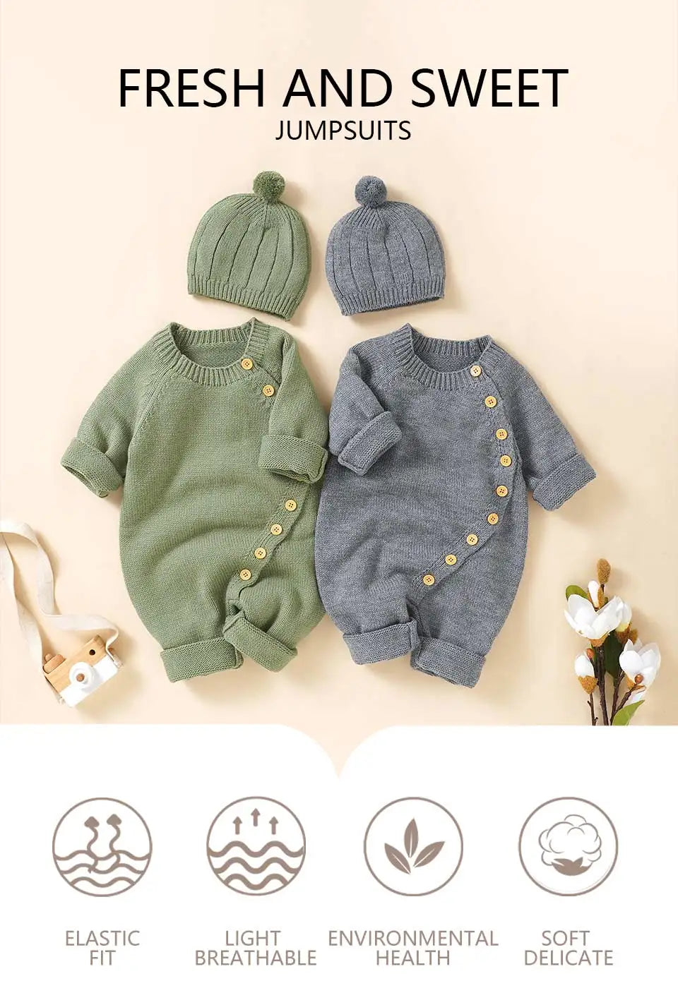 Baby Rompers Clothes Spring Autumn Solid Full Sleeve Knitted Newborn Infant Boys Girls Jumpsuits Hats Outfits Sets 0-18m Costume