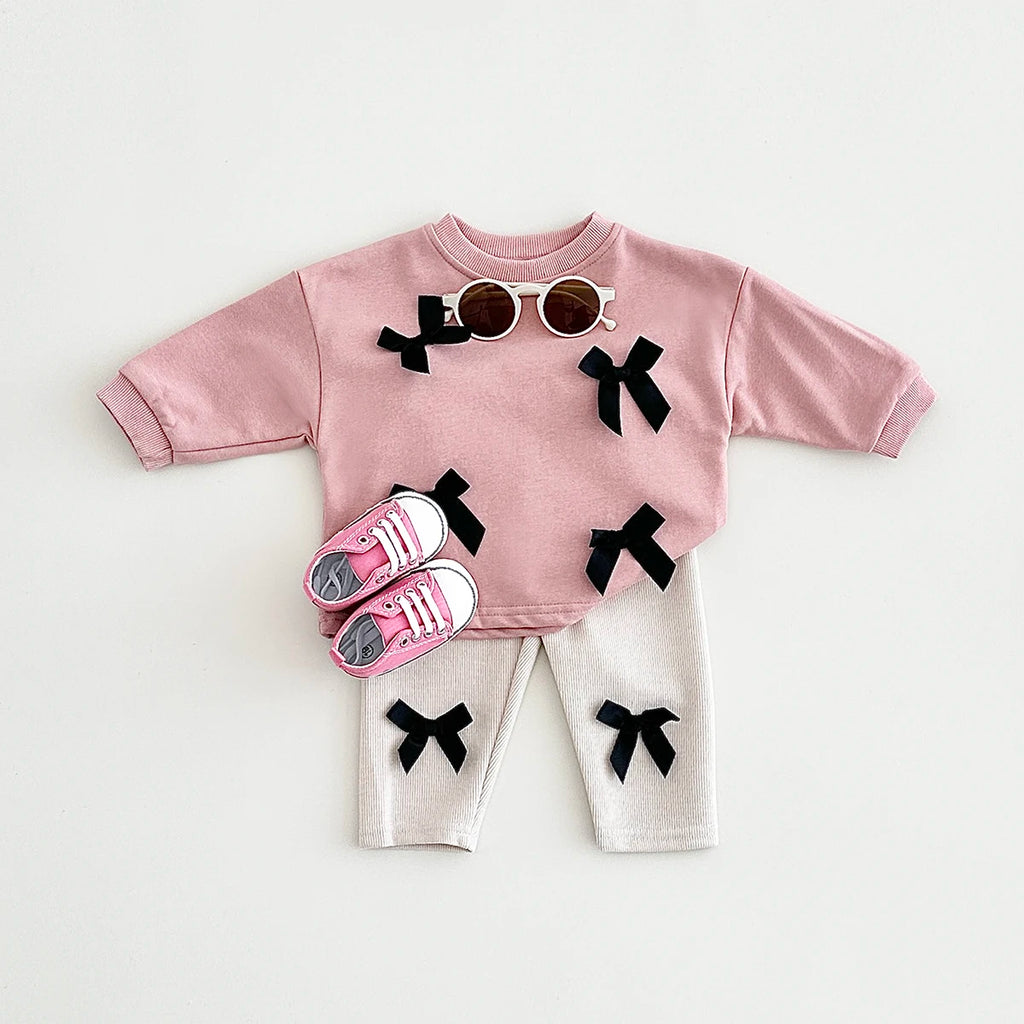 Ins Toddler Baby Suit Infant Outfit Baby Girls Spring Autumn Long Sleeved Bow Top Pullover+Pants Newborn Baby Clothes Sets 0-3Y