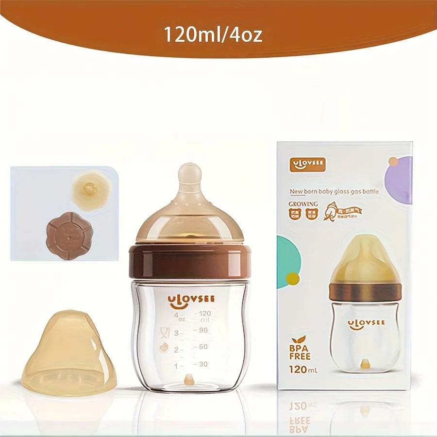 4oz,8oz High Borosilicate Glass Baby Bottle,Nipple,Wide-Neck Feeding Bottle with Bottom Air Balance Hole/Valve,Glass Milk Bottle