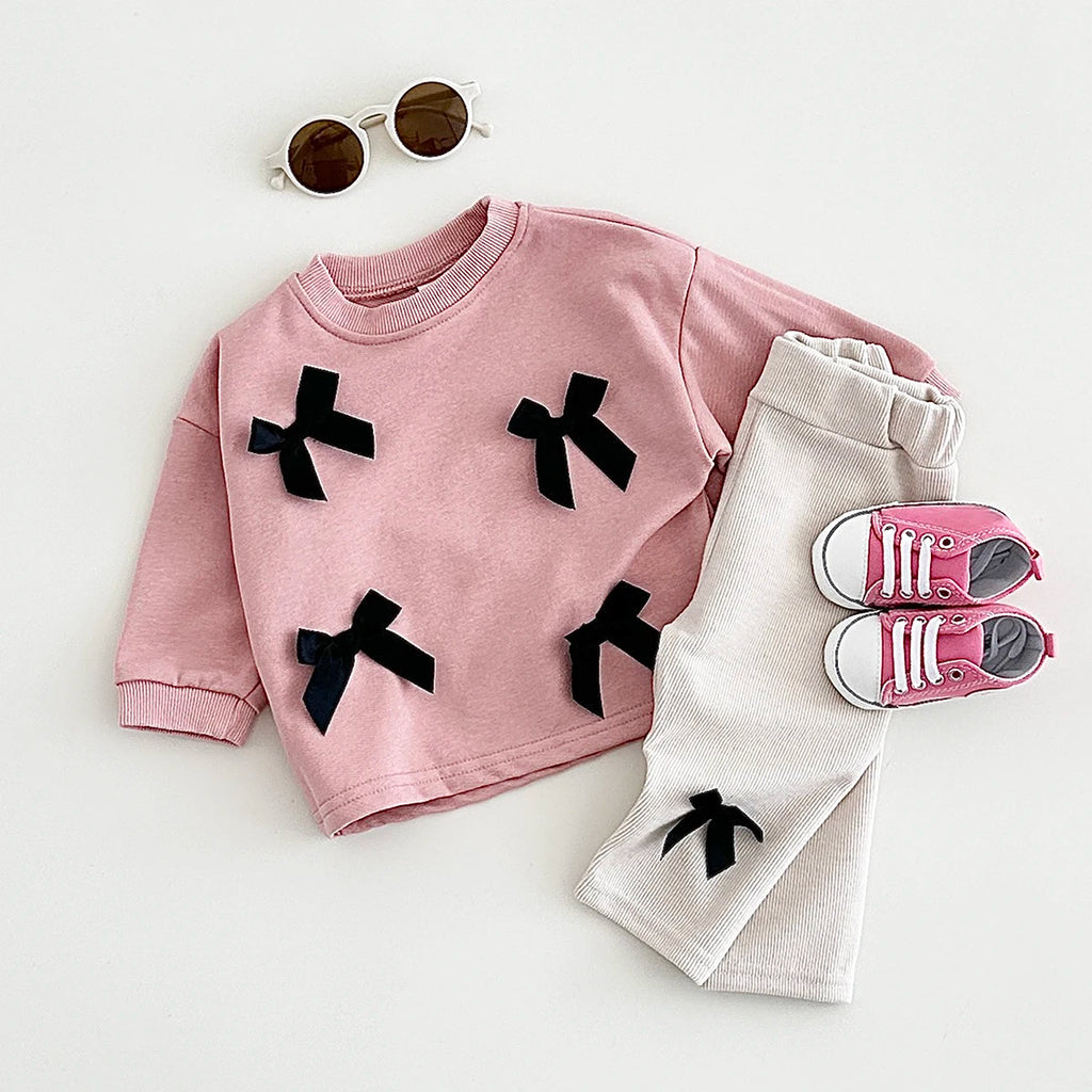 Ins Toddler Baby Suit Infant Outfit Baby Girls Spring Autumn Long Sleeved Bow Top Pullover+Pants Newborn Baby Clothes Sets 0-3Y