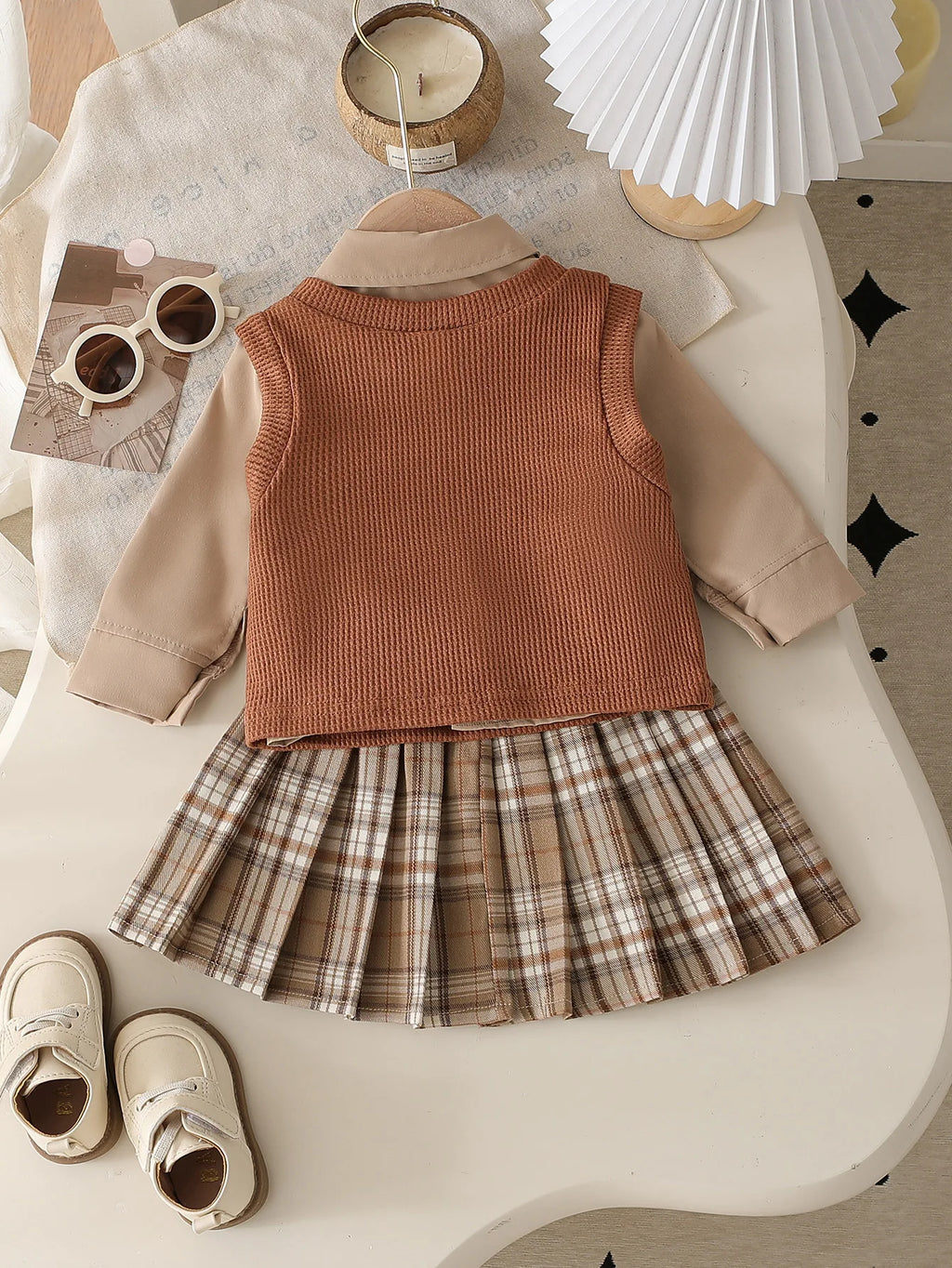 Baby Girls Clothing Sets Cute Style Knit Vest + Shirt + Plaid Pleated Skirt 3pcs Baby Suits 6 9 12 18 24 36 Months Kids Clothes
