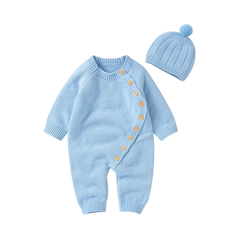 Baby Rompers Clothes Spring Autumn Solid Full Sleeve Knitted Newborn Infant Boys Girls Jumpsuits Hats Outfits Sets 0-18m Costume