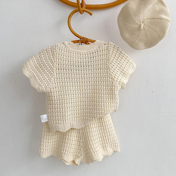 2026 New Summer 0-6Yrs Children Clothes Suit Short Sleeved Solid Color Knitted Pullover+Shorts Newborn Baby Girls Clothing Set