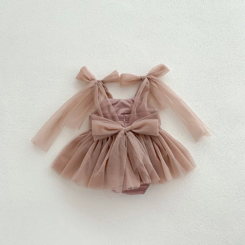 2026 Summer Baby Clothes 100 Day Baptism Birthday Party Sleeveless Jumpsuit Mesh Bow Romper Girl Princess Dress