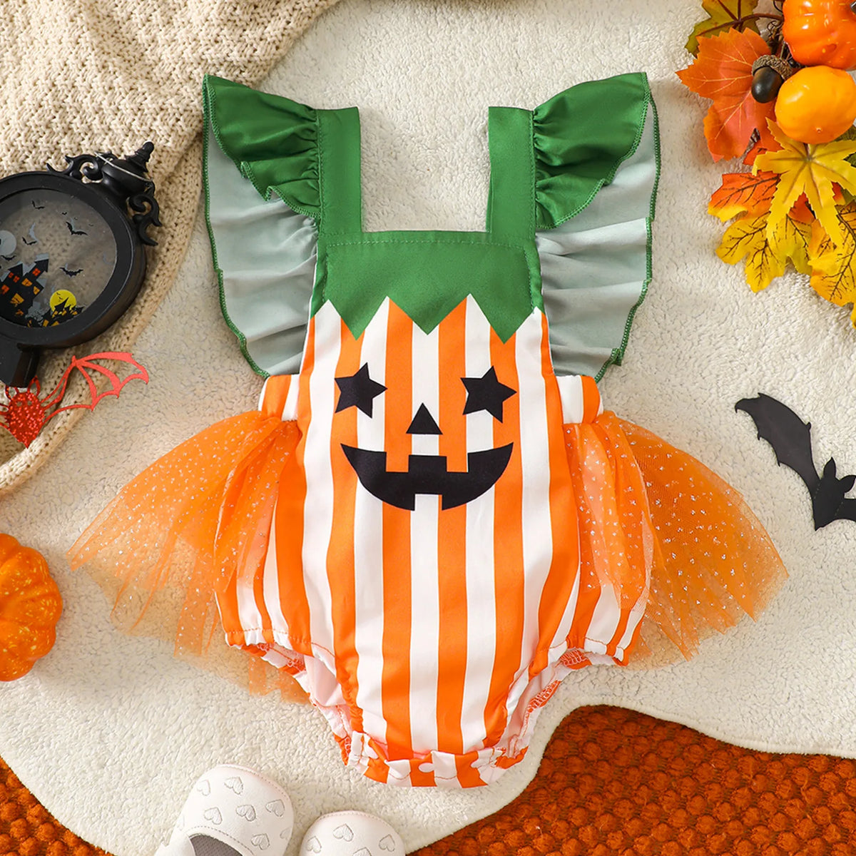 Halloween Infant Baby Girl Striped Romper Fly Sleeve Mesh Bodysuit Toddler Cotton Overall Mesh Pumpkin Face Cute Fall Clothes
