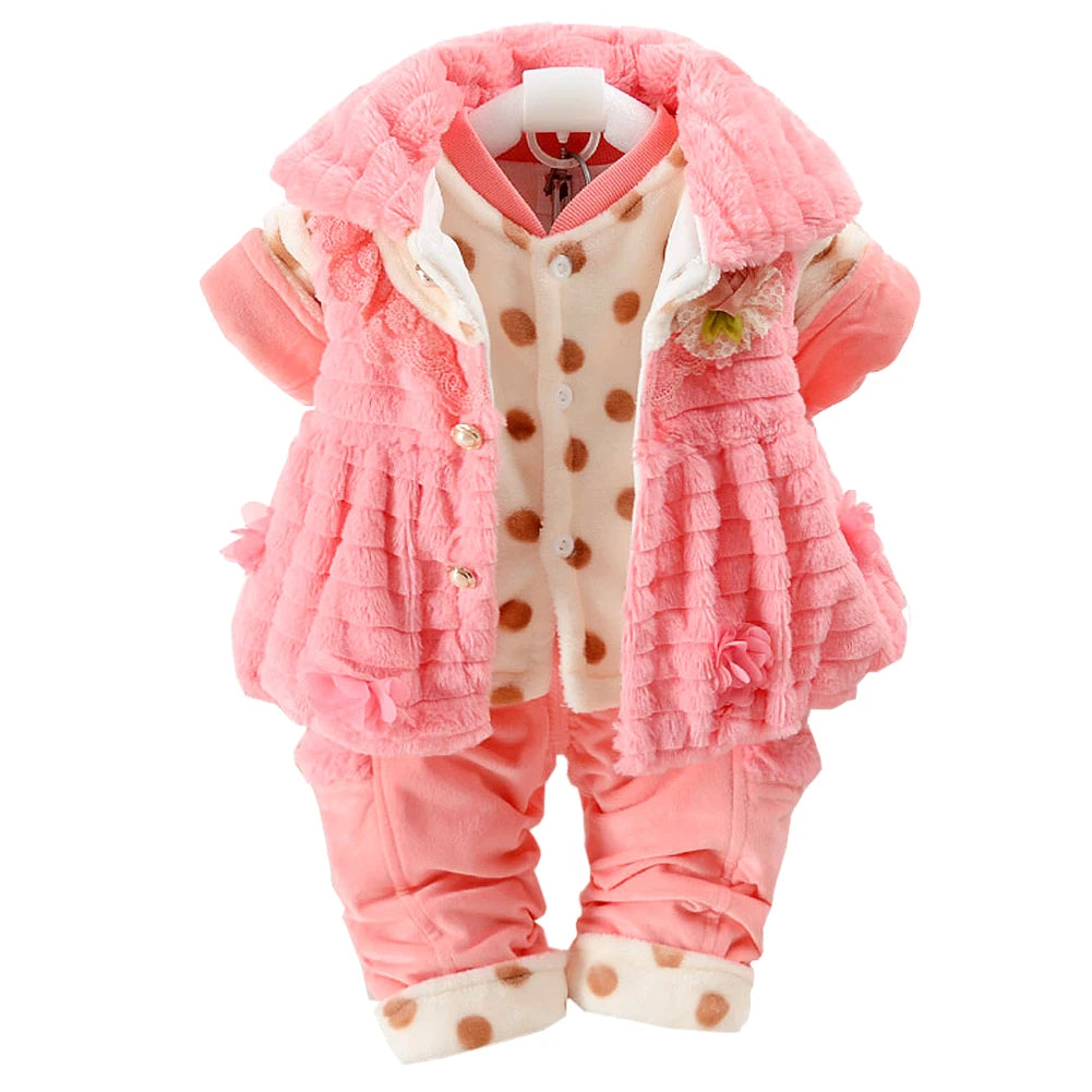 Flannel Babies Suit, -Piece Toddlers Clothes Set,Long Sleeve Tops+Waist Coat+Pants,Sweet Cute Girls Winter Cotton Snowsuits