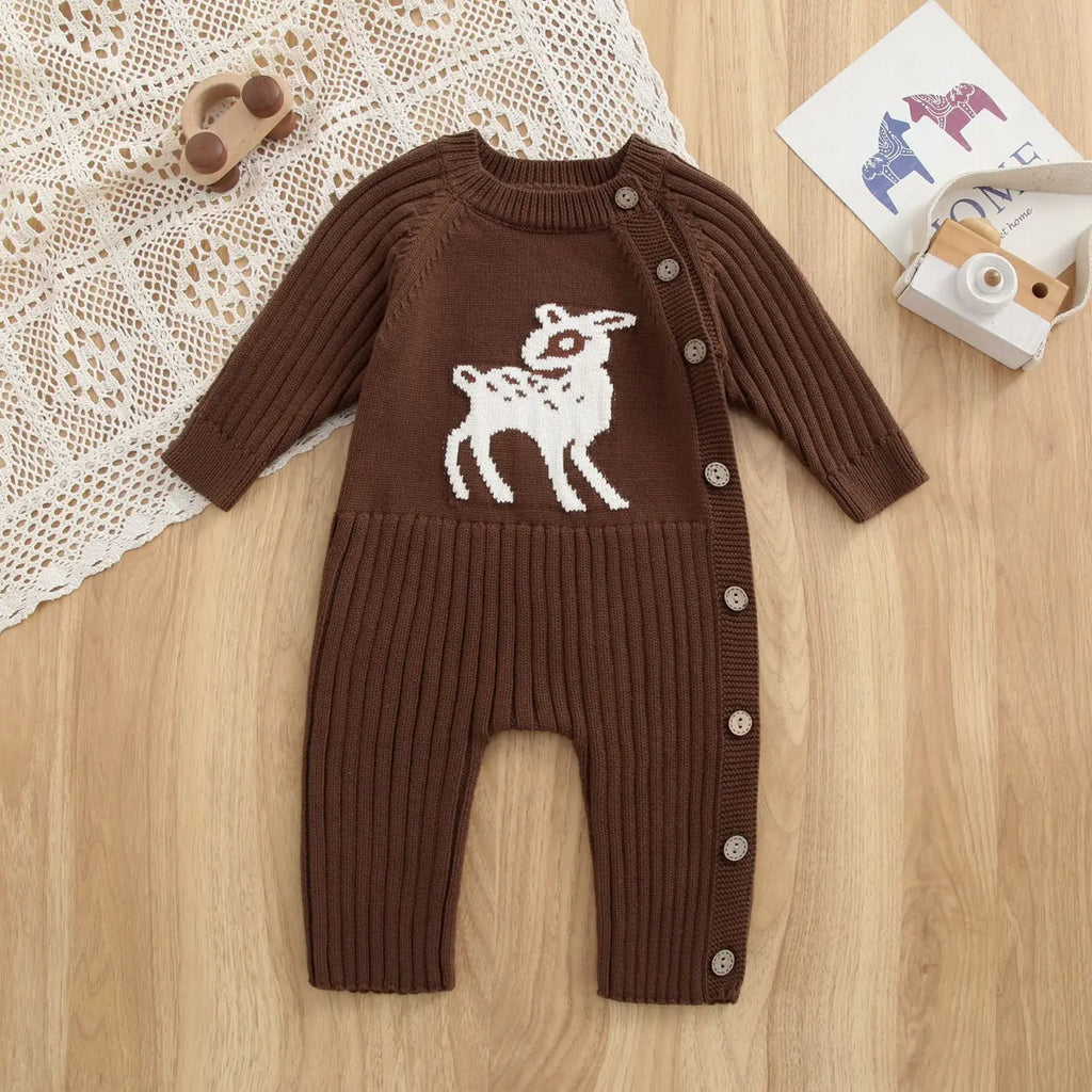2026 Autumn Baby Clothes Cute Deer Print Infant Girls Knit Rompers Full Snap Button Infant Sweater Jumpsuit