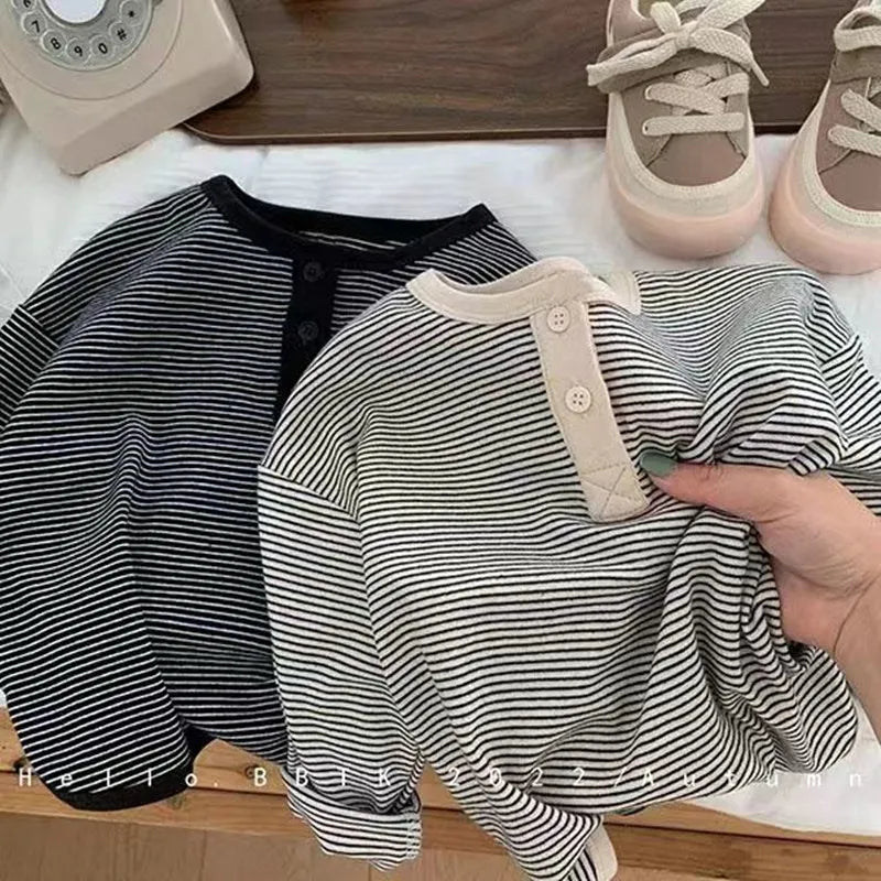 Children's Spring Autumn Long Sleeved T-shirt Boys Girls Korean Striped Children's Bottoming Shirt Baby Simple Top