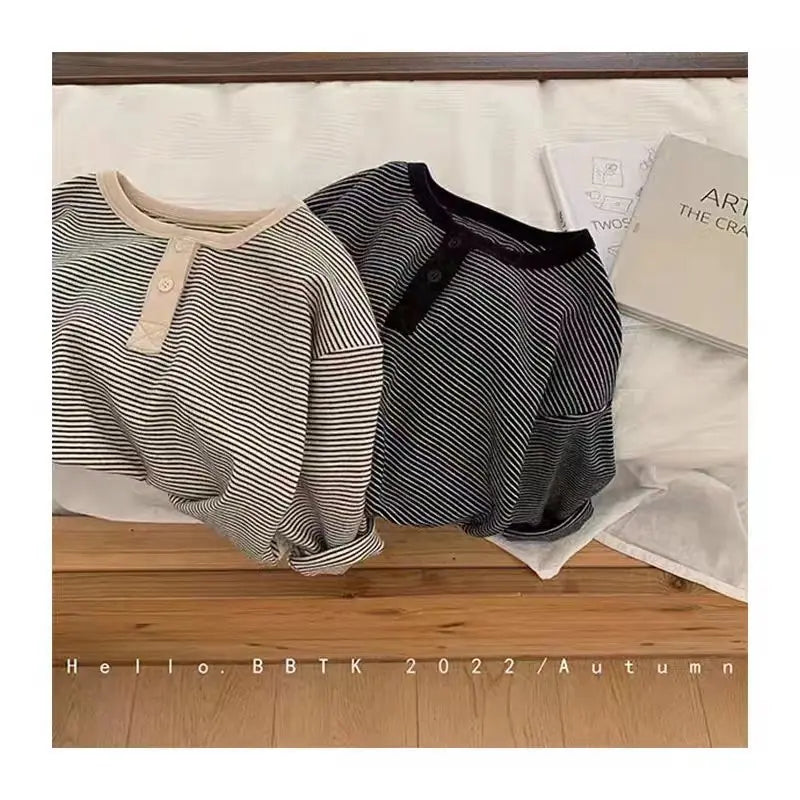 Children's Spring Autumn Long Sleeved T-shirt Boys Girls Korean Striped Children's Bottoming Shirt Baby Simple Top