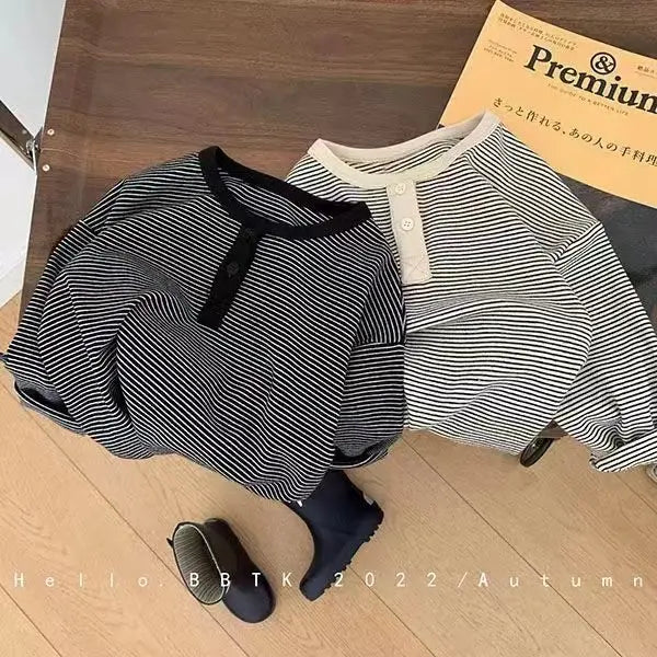 Children's Spring Autumn Long Sleeved T-shirt Boys Girls Korean Striped Children's Bottoming Shirt Baby Simple Top