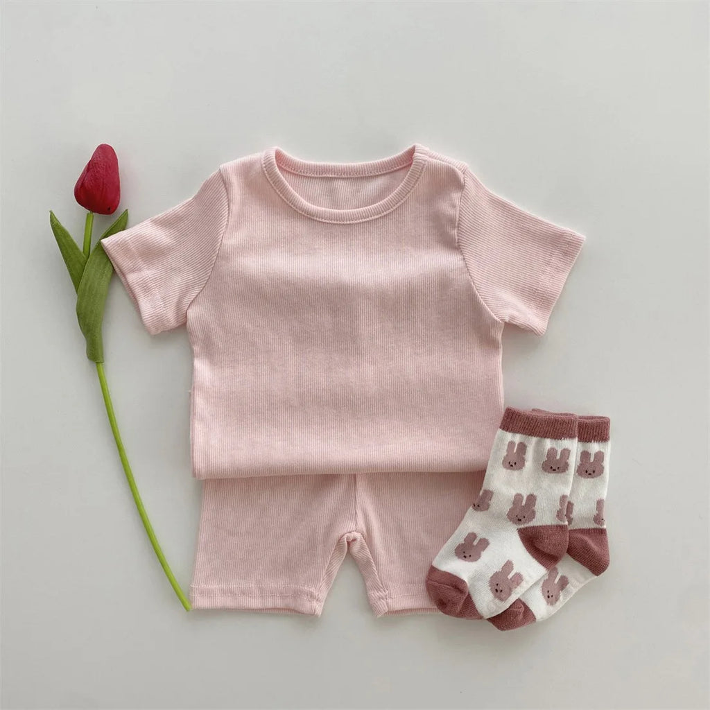 Baby Cotton Ribbed Clothes Set Short Sleeve Tops + Shorts 2pcs Suit Candy Color Baby Girl T Shirts Solid Boys Shorts Outfits