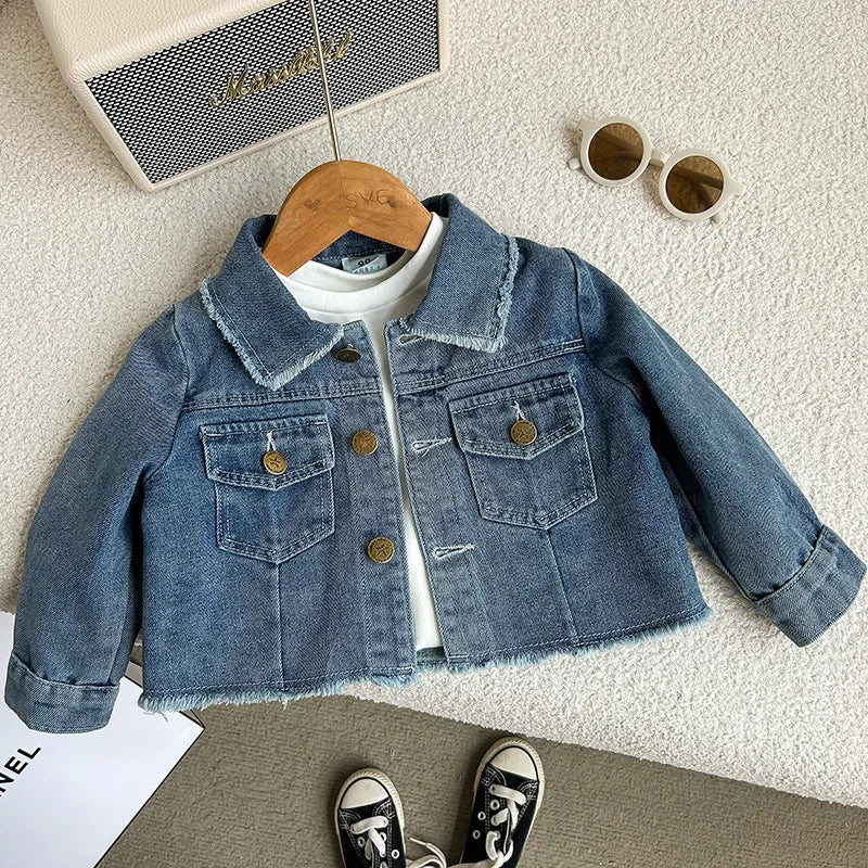2-8 year old girl's denim set with retro lapel long sleeved denim jacket+pleated skirt cover girl's fashionable and trendy set