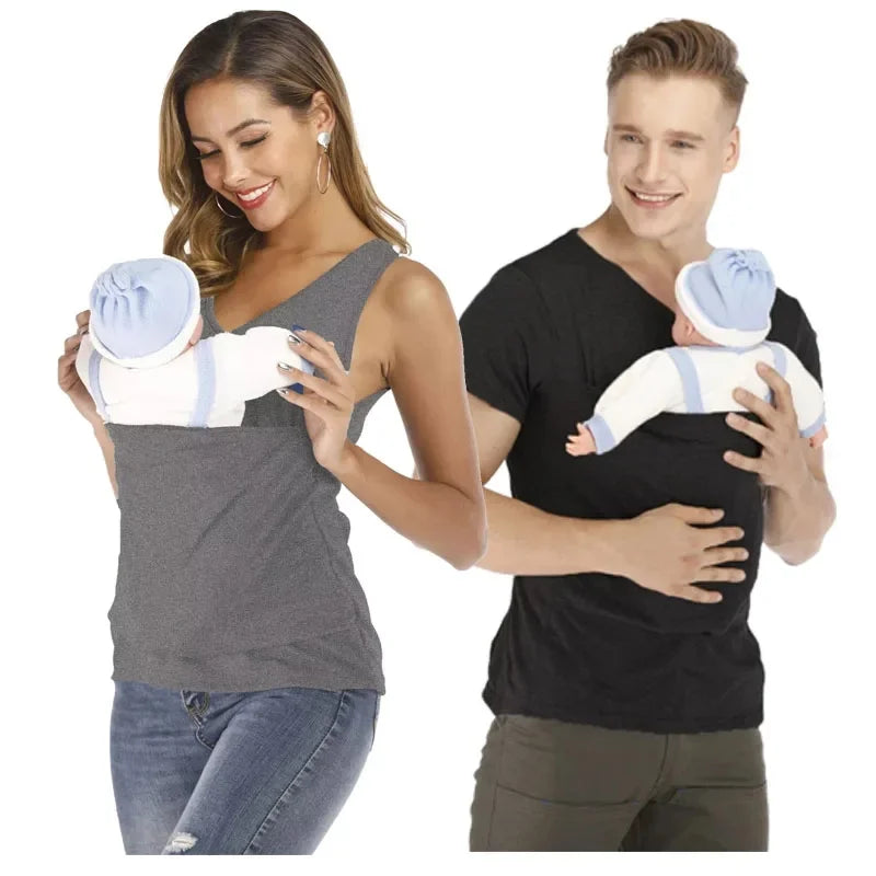 Kangaroo Pocket T-Shirt Nylon Cotton Father Mother Short Sleeves Tops Baby Summer Pregnancy Safety Carrier Feeding Clothing