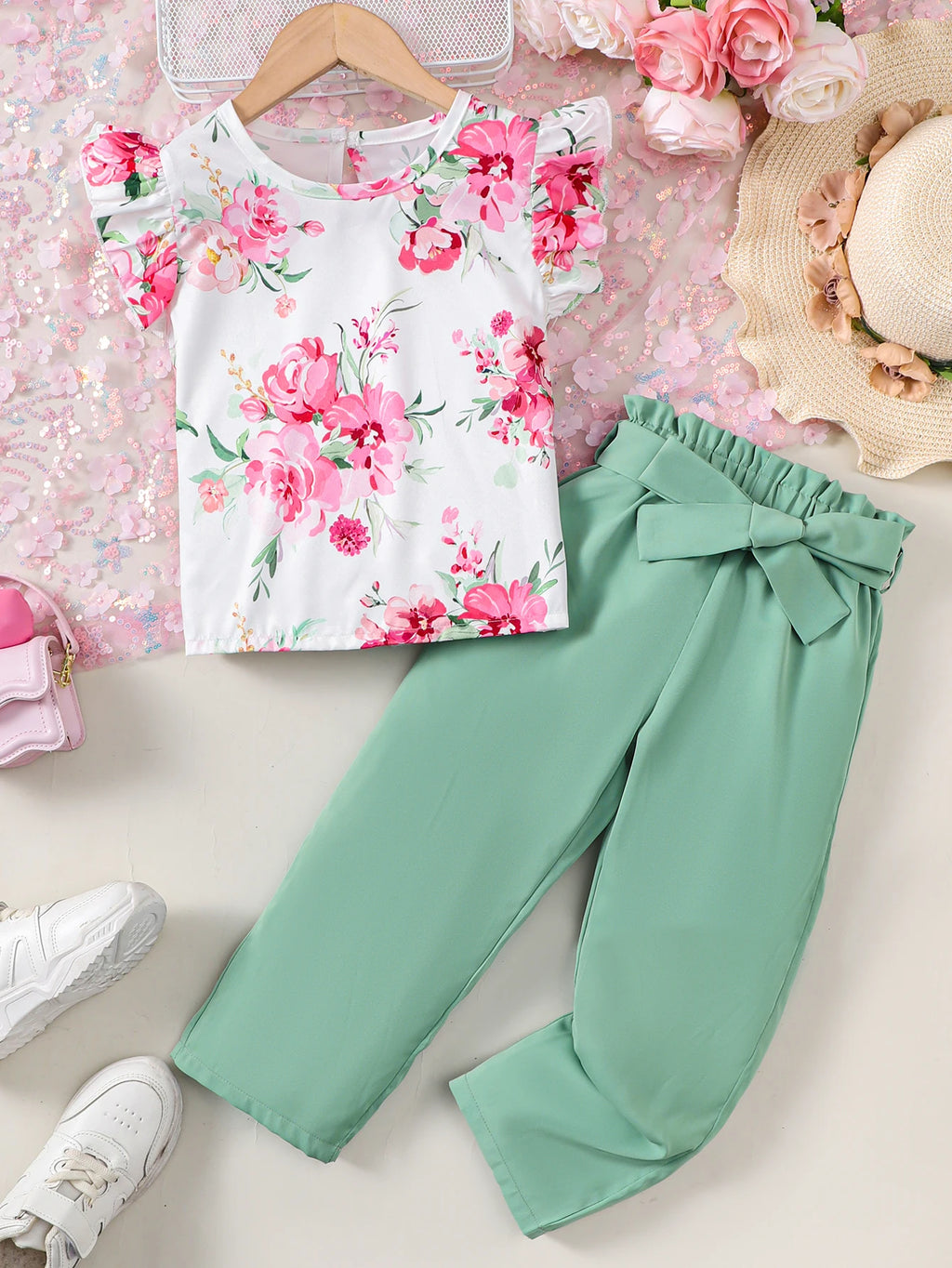 Winter  4-7 Years  Old  Cool  Girls  Sleeveless  Floral  Print  Top  And   Pants  Casual  2-Piece Set